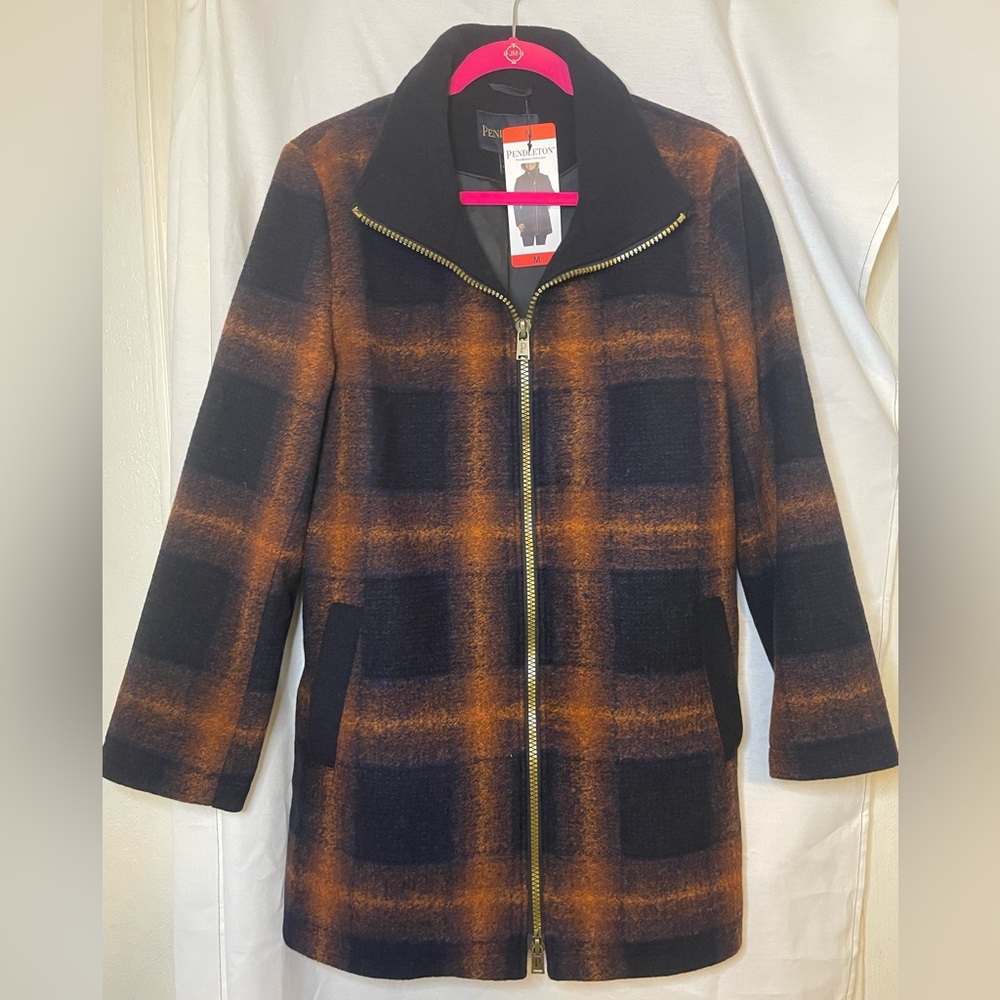 Pendleton Knit Wool Blend Walker Blue Orange Plaid Jacket NWT Size M Double Zip